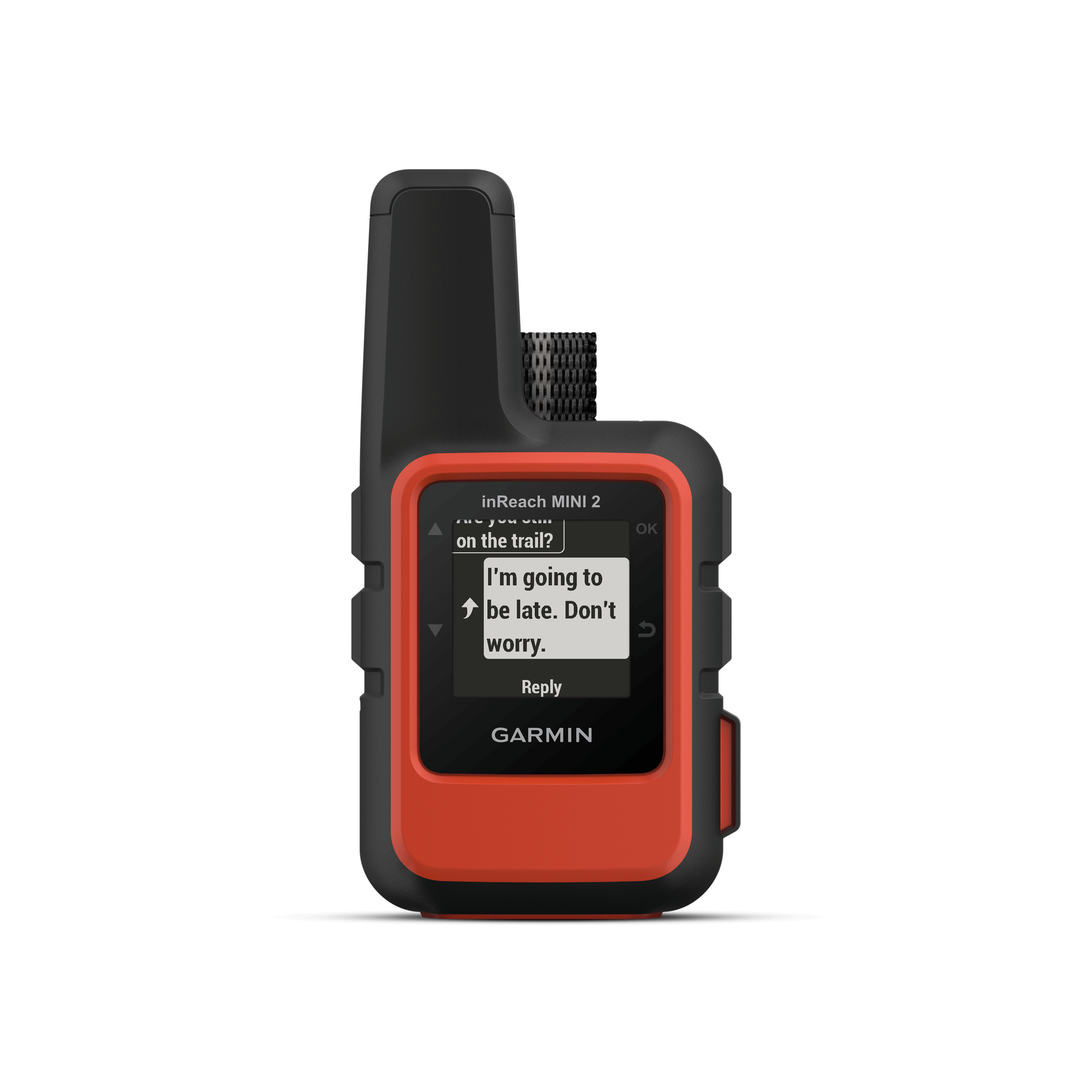 Garmin inReach Mini 2 handheld GPS satellite communicator device in red and black color with a digital display showing text messages.