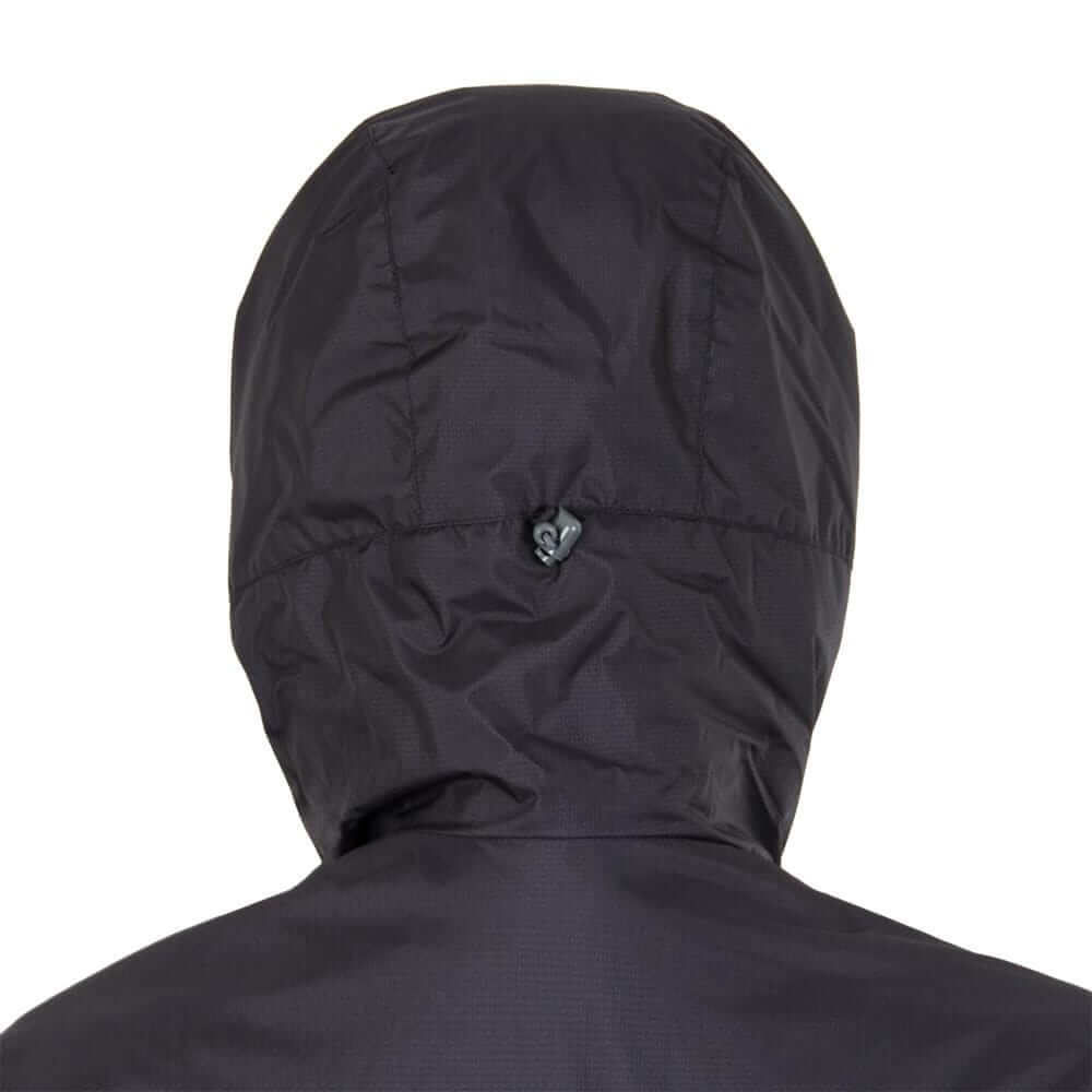 The hood of black womens hooded jacket on a white background