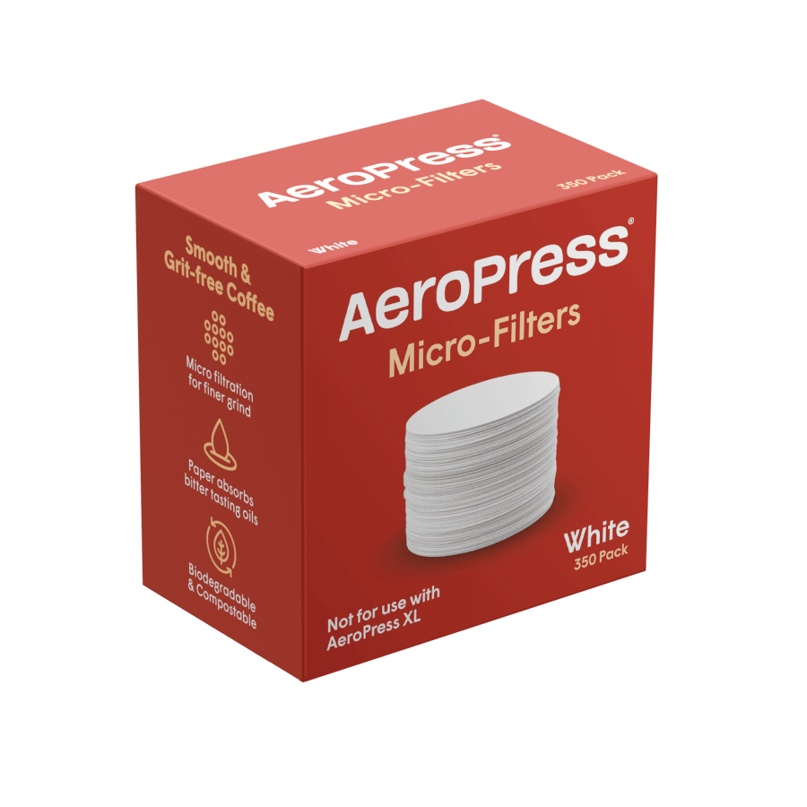 Aeropress Paper replacement filtersin a red box of 350 filters