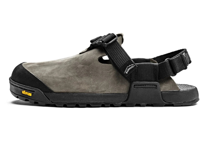 Gray sandal clog with black straps on a white background