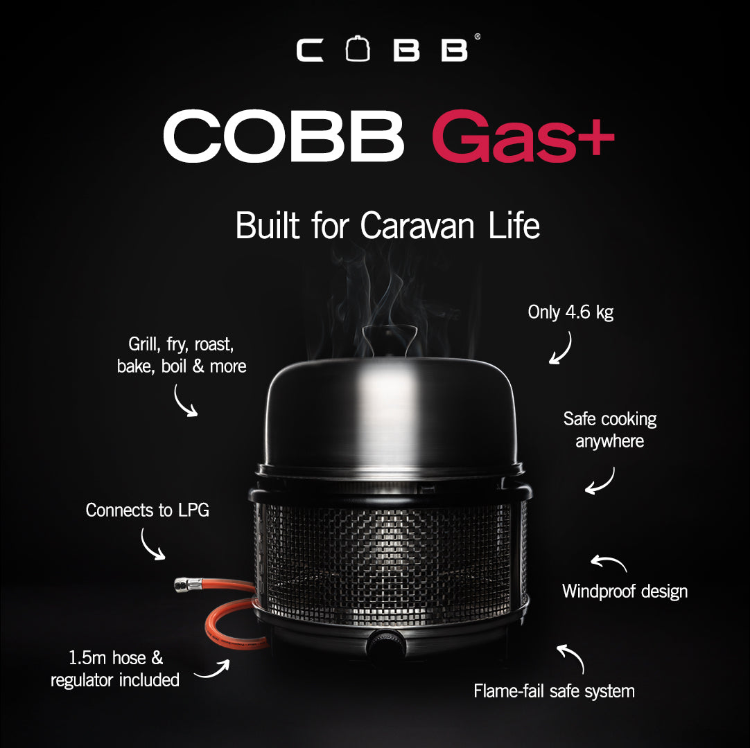 A Cobb Grill on a black background with text describing each feature