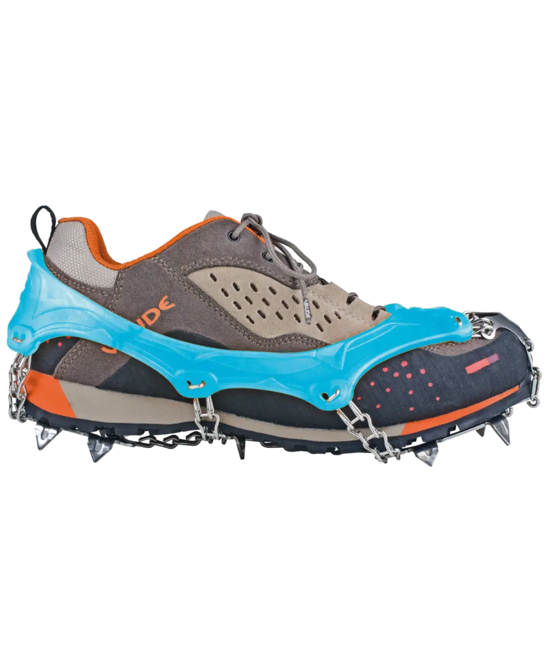 Crampon shoe with blue crampon spikes on a white background