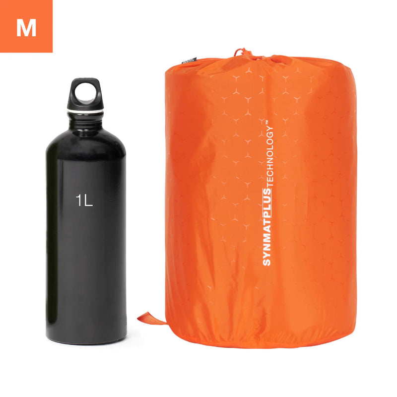 Black water bottle with 1L marking and orange compression sack on a white background