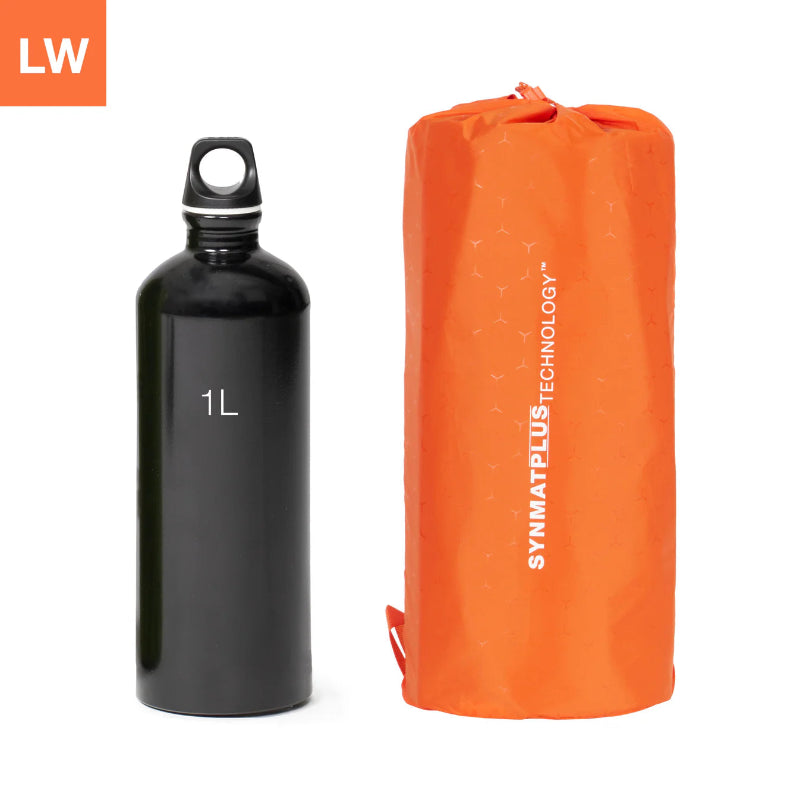 Black water bottle with a 1L capacity next to an orange compression sack on a white background.