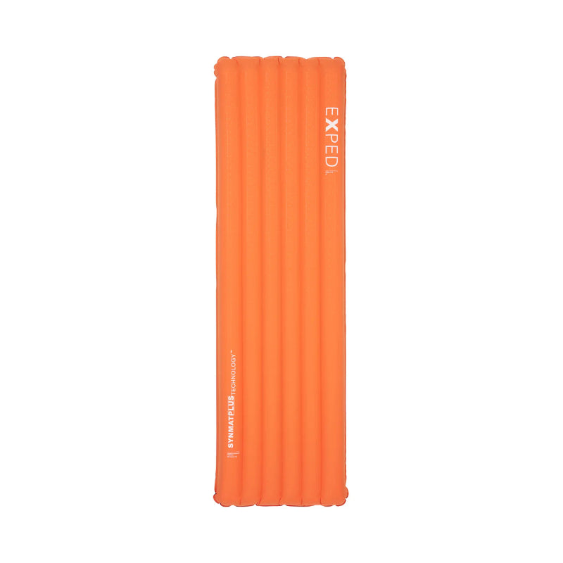 Orange inflatable sleeping pad with Exped branding on a white background