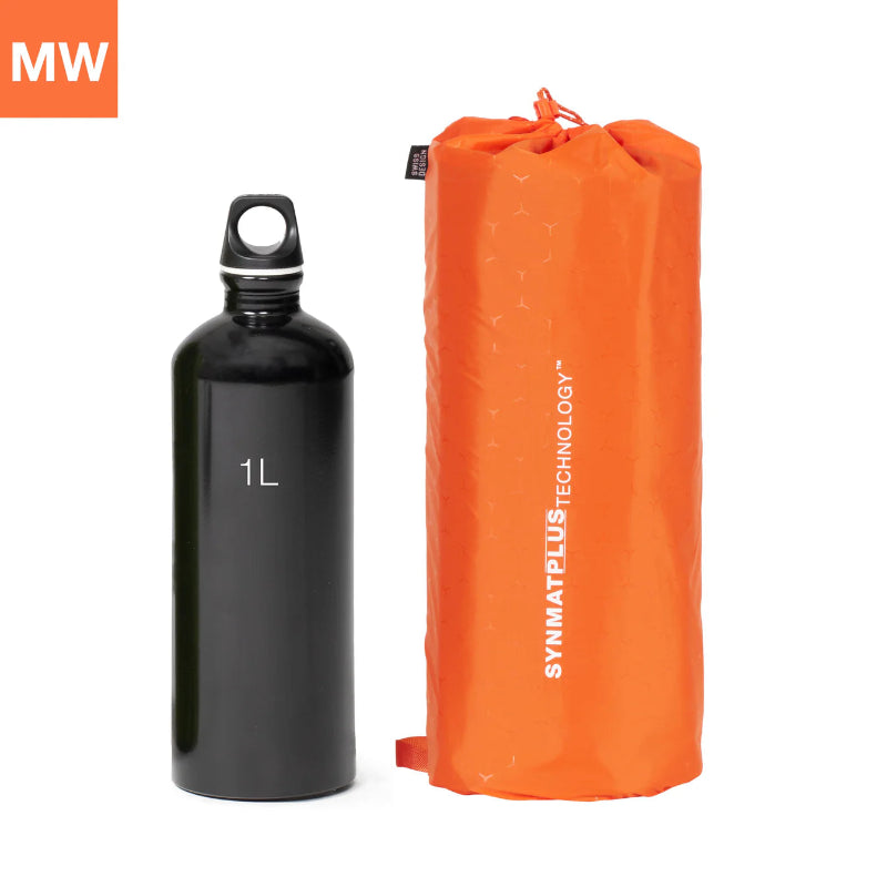Black water bottle labeled '1L' next to an orange bag with 'SYNMATPLUS TECHNOLOGY' branding on a white background.