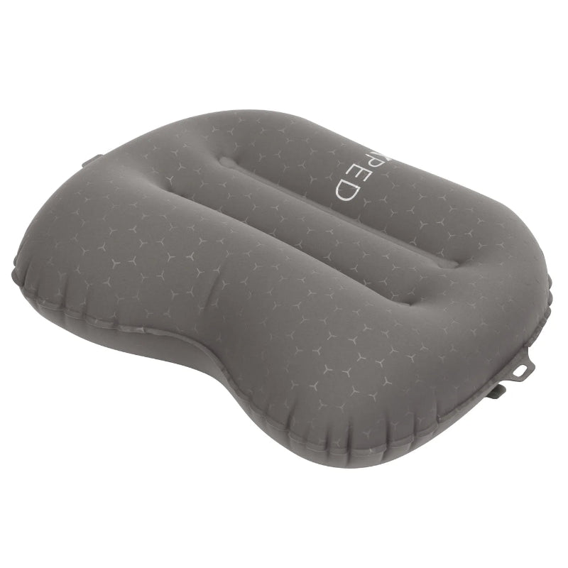 Gray inflatable pillow with brand logo on a white background