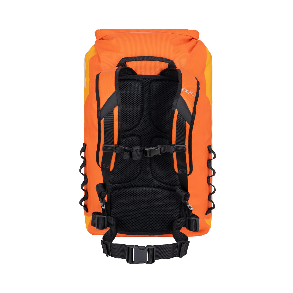 Orange backpack with black straps on a white background