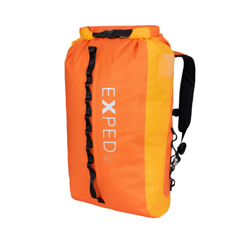 Orange backpack with black straps and 'Exped' branding on a white background