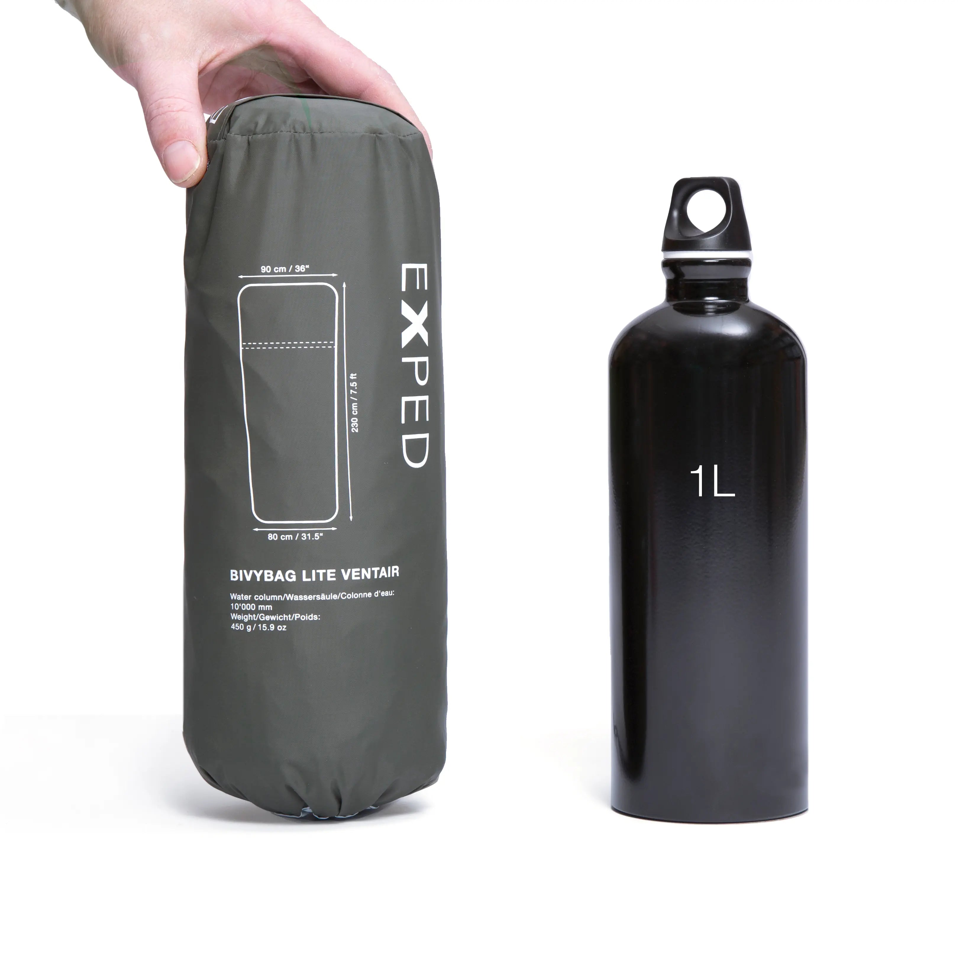 Gray bivvy bag and black water bottle with 'Exped' branding on a white background