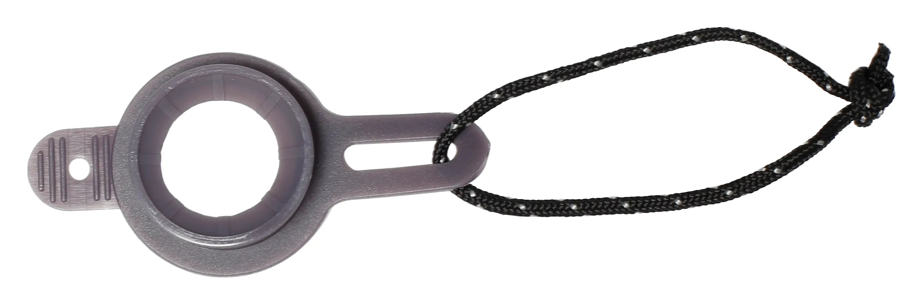 Gray flat valve adaptor with a black strap on a white background