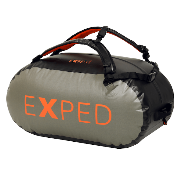 A gray Exped Tempest 140 Duffle bag with orange and black accents, featuring a waterproof zipper, removable padded shoulder straps, and a black carrying handle.