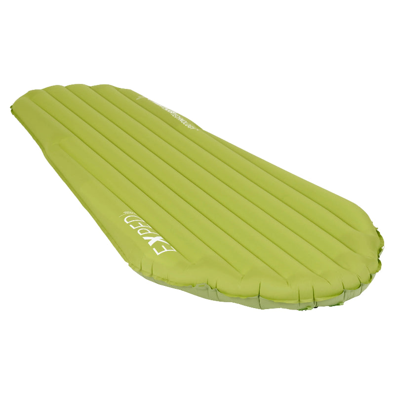 Green inflatable camping mattress on a white background