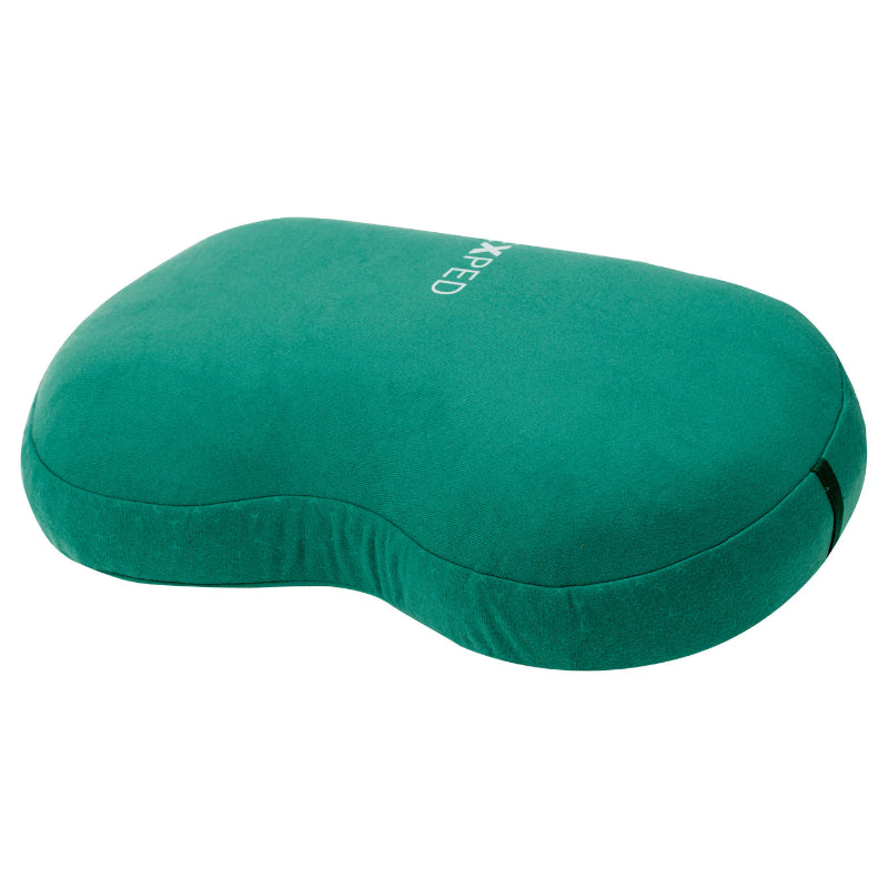 Green down pillow with ' Exped' branding on a white background