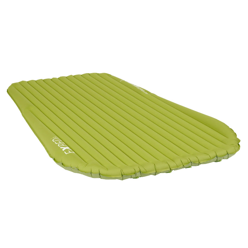Green inflatable camping mattress on a white background