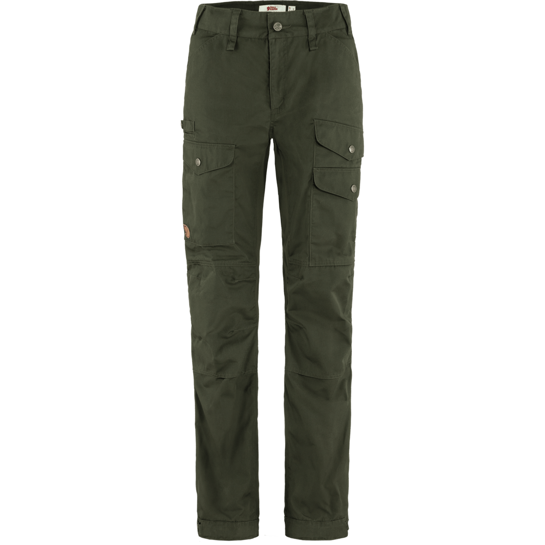 A pair of dark olive green cargo pants with multiple flap pockets and button details, shown against a plain white background.