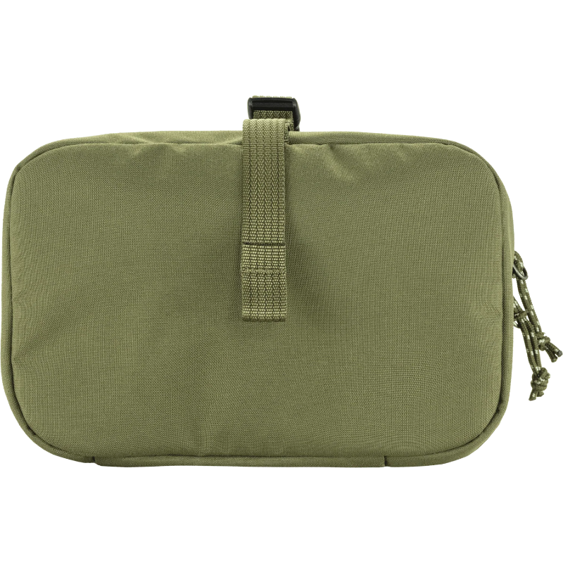 Green tactical pouch with a strap on a white background