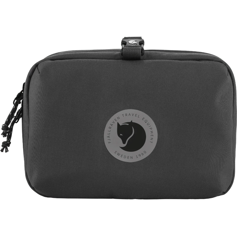 Black travel pouch with a logo on a white background
