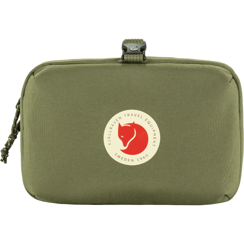 Green travel pouch with a logo on a white background