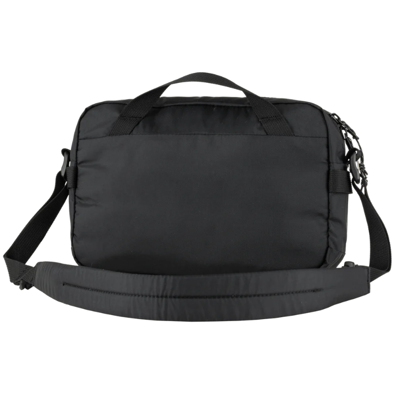 Black laptop bag with shoulder straps on a white background