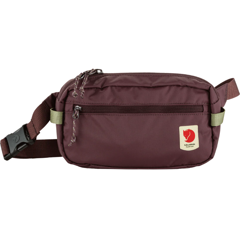Maroon waist bag with a visible brand logo on a white background