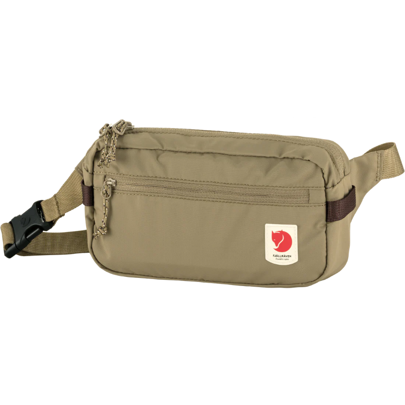 Beige Fjallraven bum bag with a visible brand logo on a white background