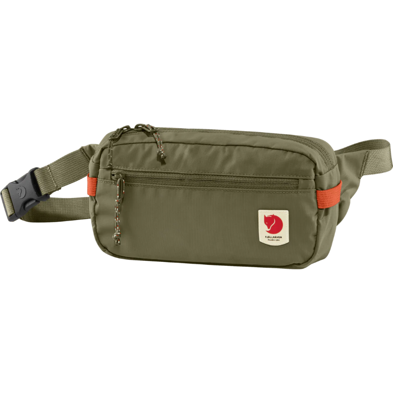 Green waist bag with red accents on a white background
