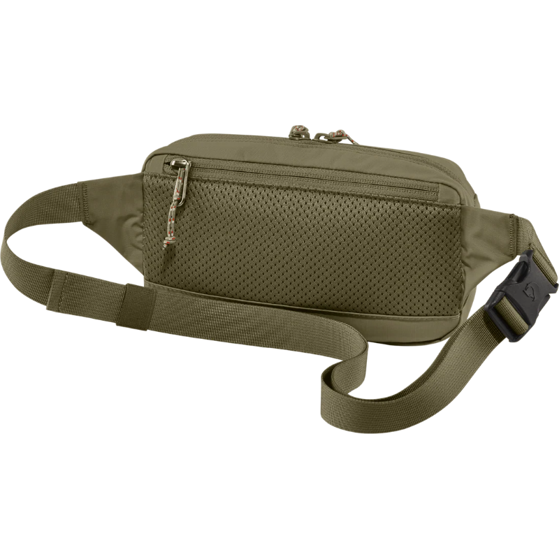 Green waist bag with a strap on a white background