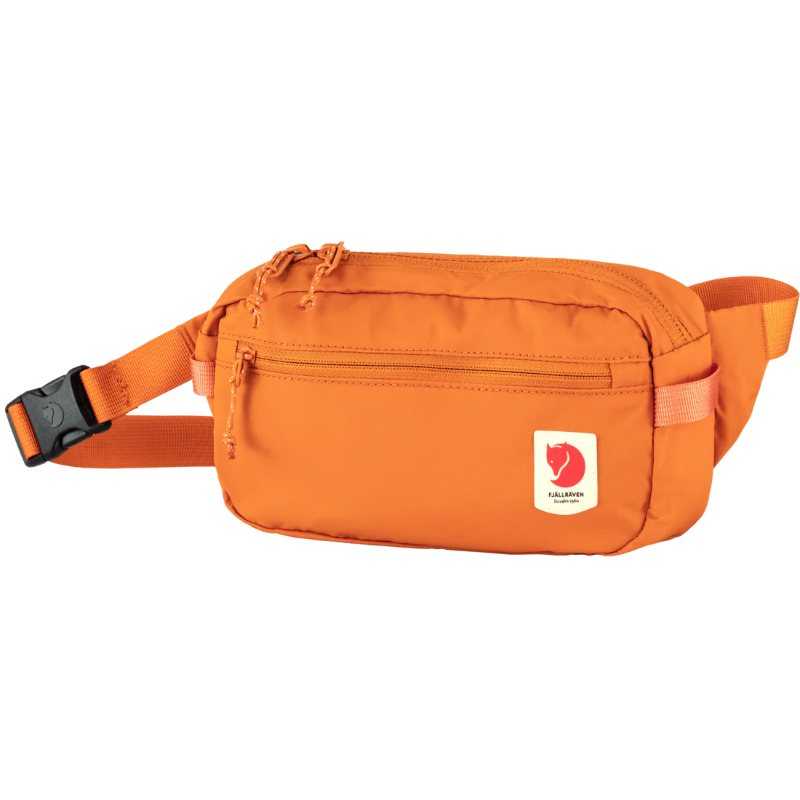 Orange mens bum bag Fjallraven brand logo on a white background