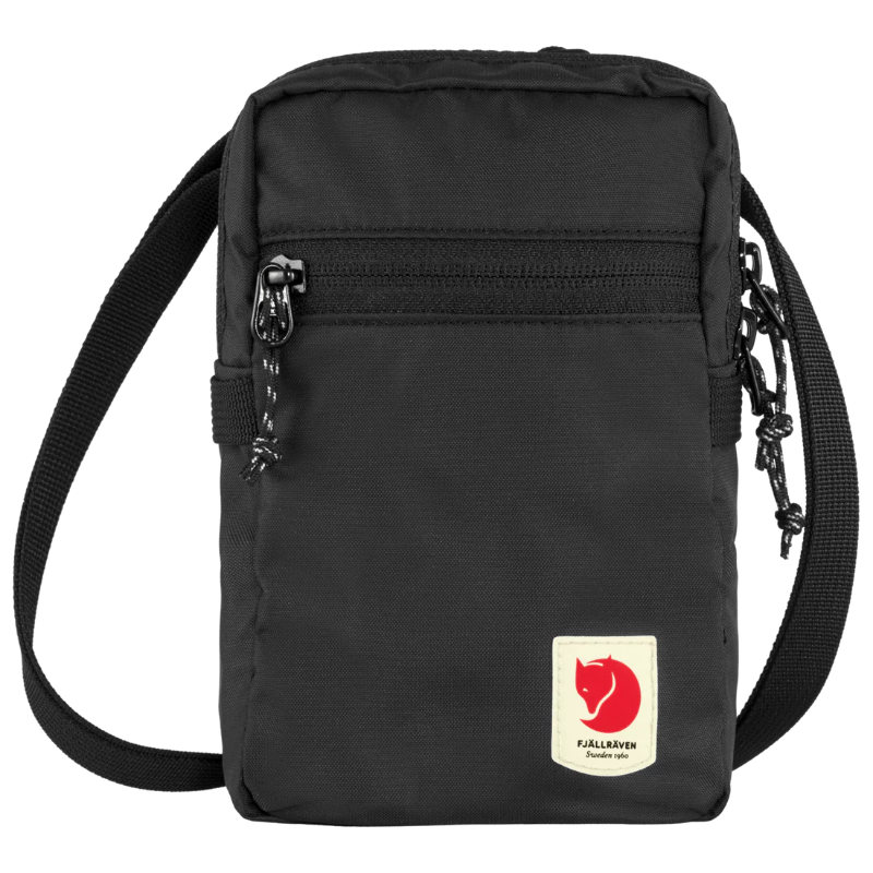 Black crossbody bag with a visible brand logo on a white background