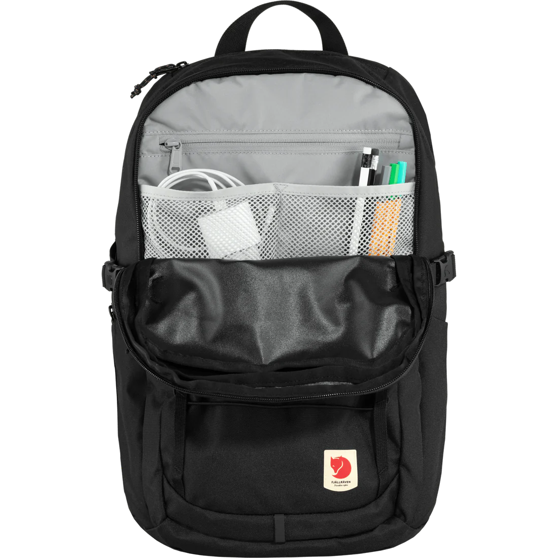 Front facing organised compartment open with pens and a charger