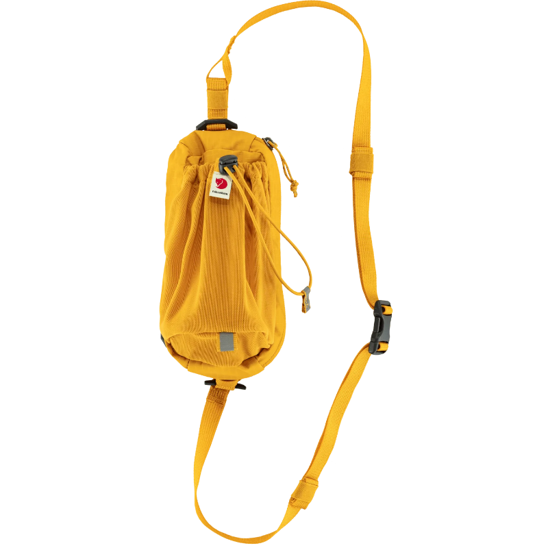 A yellow Fjallraven Abisko Bottle Pocket with a detachable strap and a zippered compartment, designed to attach to a backpack.