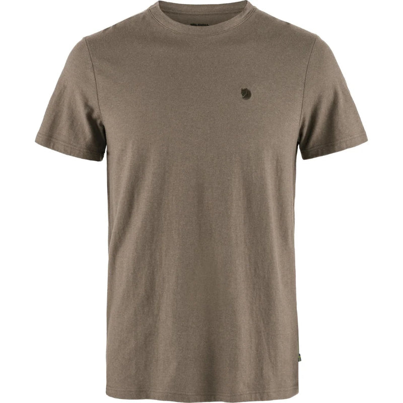 Brown t-shirt with a small black logo on a white background