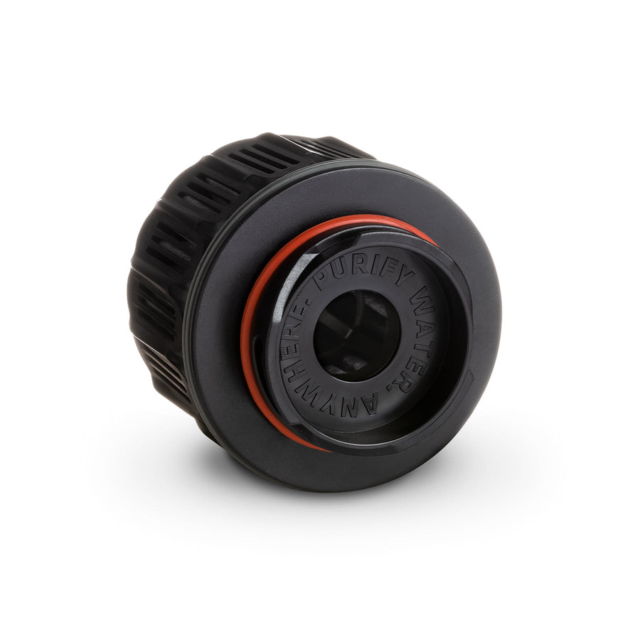 Black and red water filter on a white background