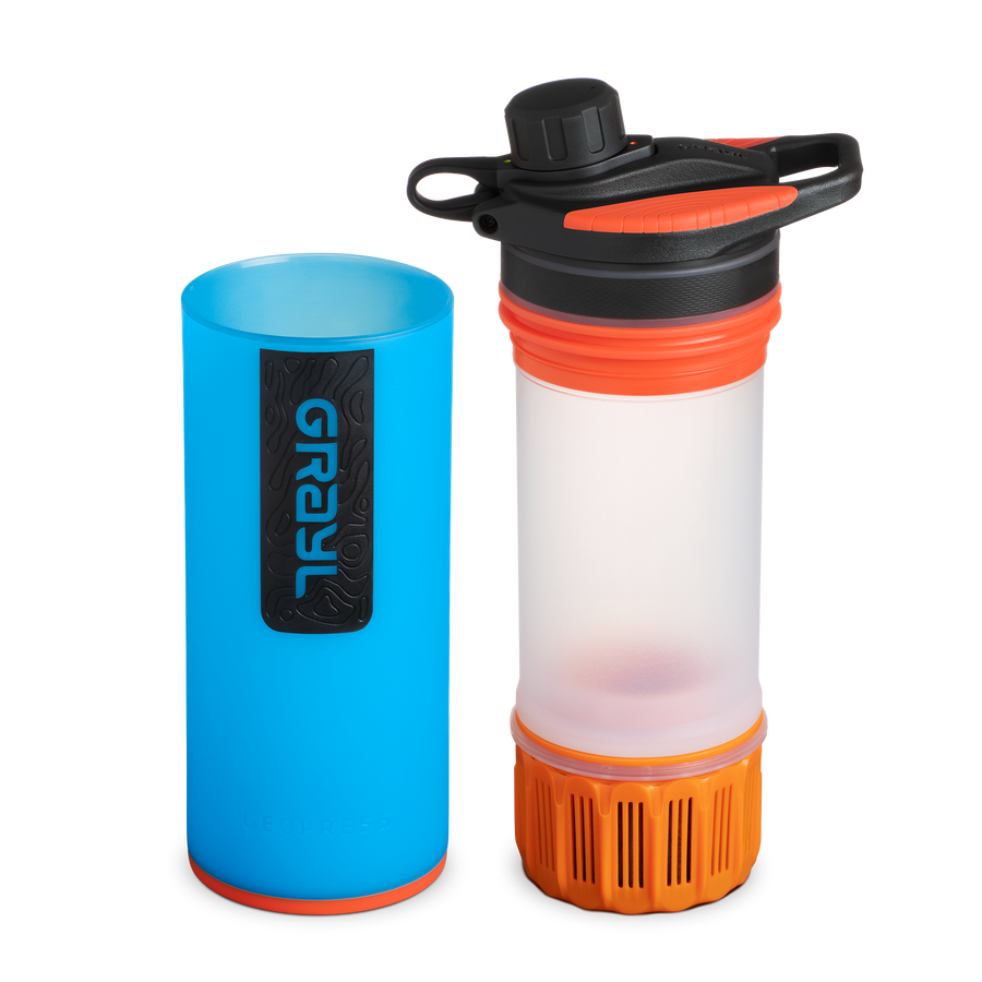 Two parts of the GraylPress blue water bottle on a plain background