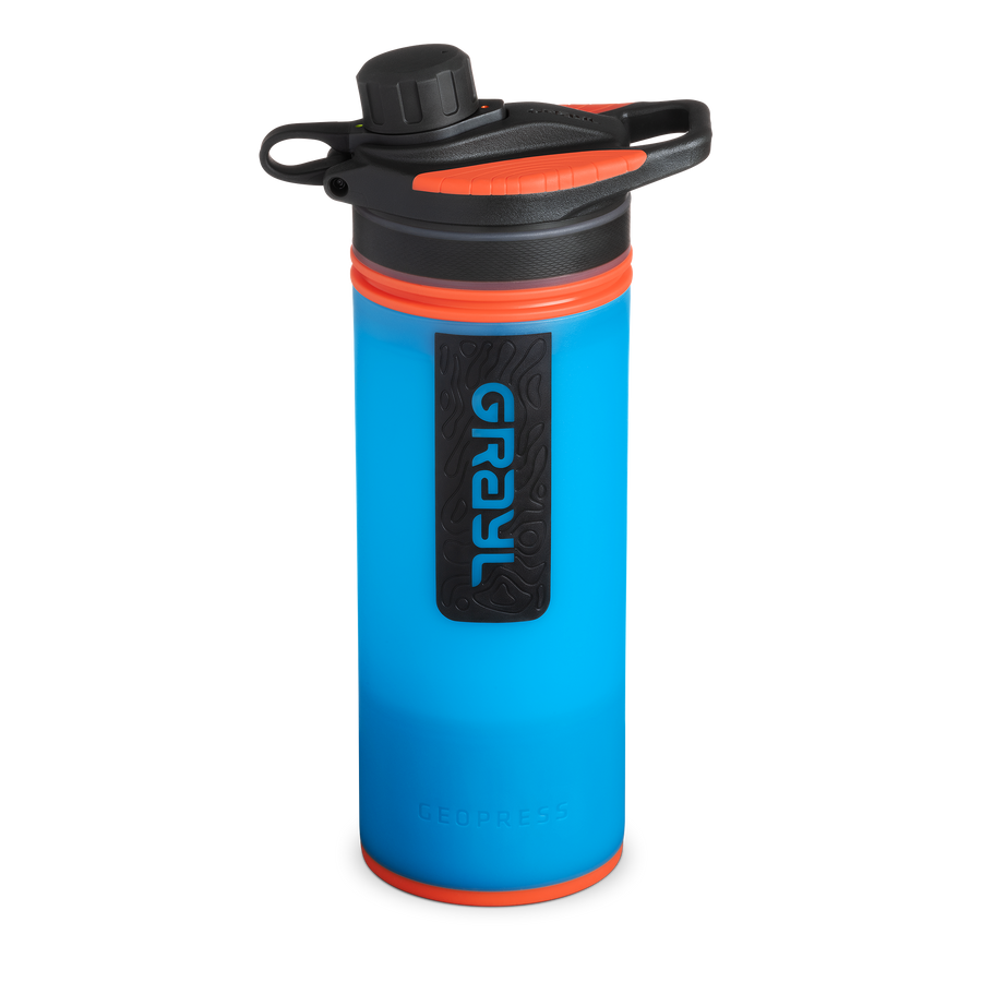 Blue  Grayl Geopress water bottle with black and orange accents on a white background