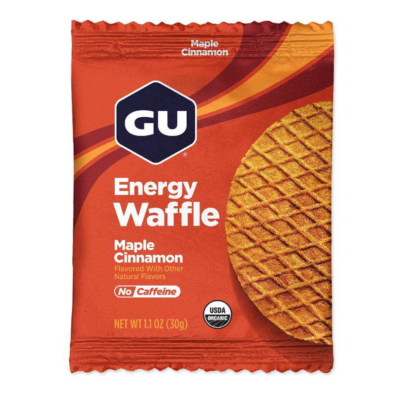 GU Energy Waffle package with a waffle image on an orange background