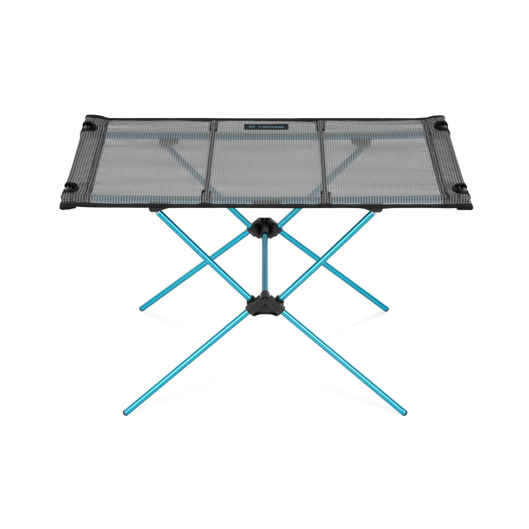 Helinox Portable camping table with mesh top and blue legs on a white background