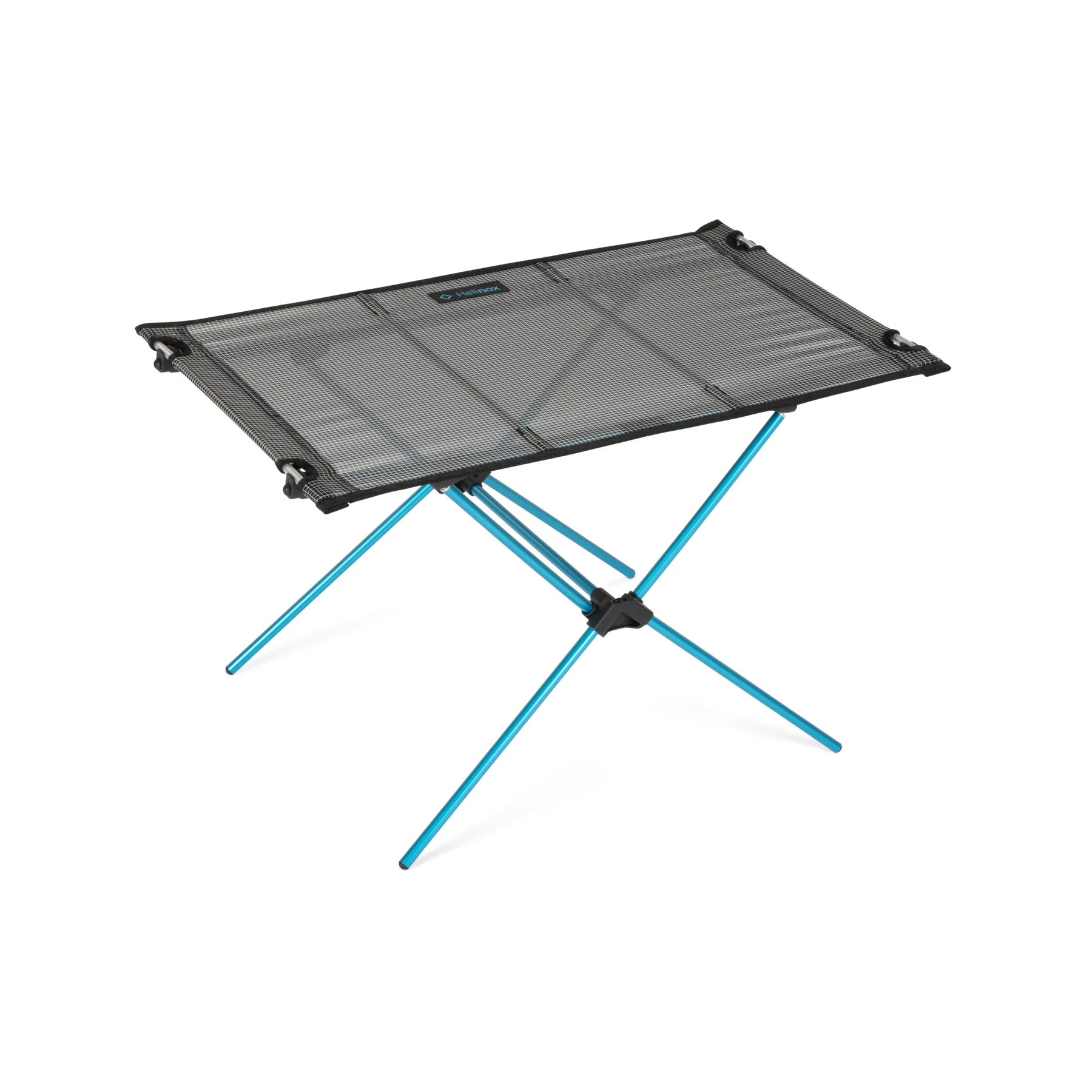 Helinox Portable folding camping table with blue legs on a white background