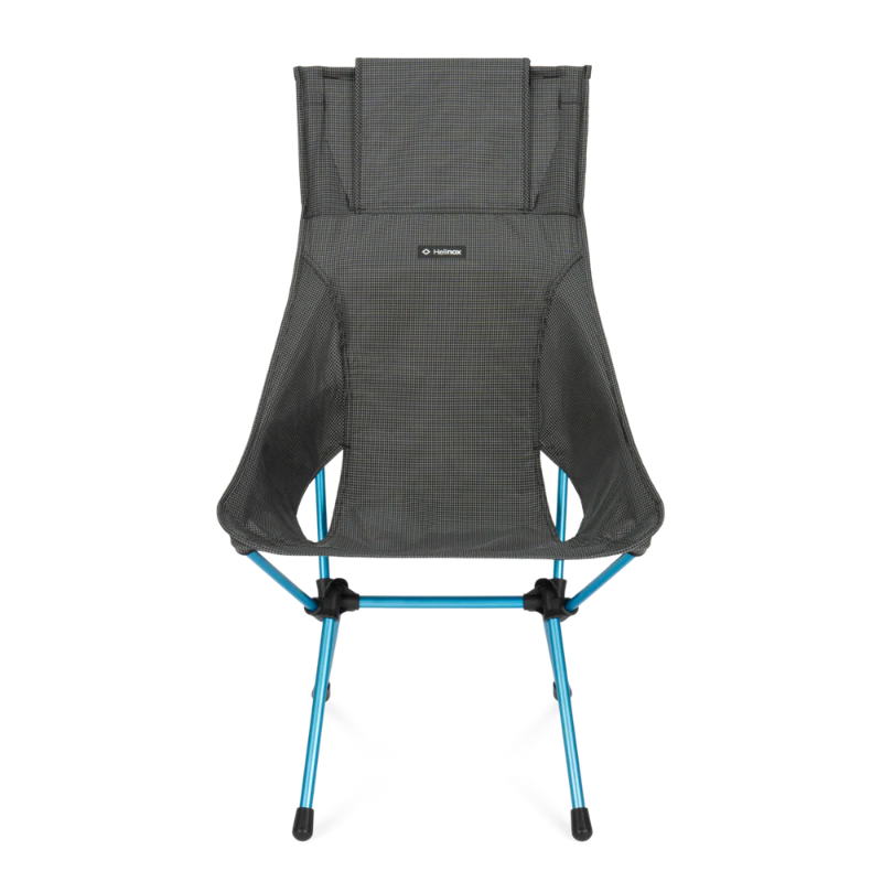 Gray camping chair with blue legs on a white background
