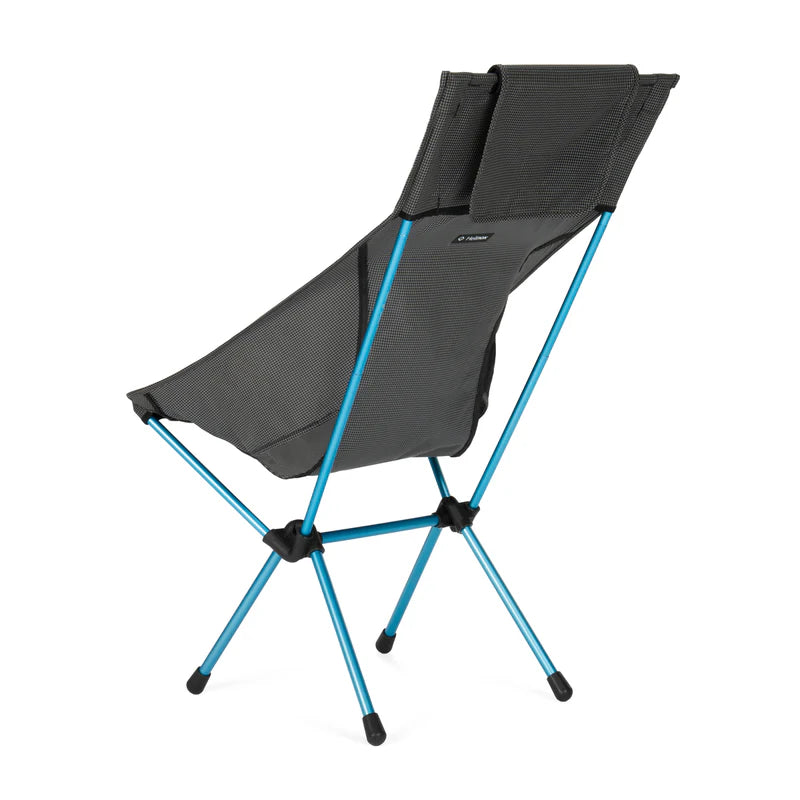 Black camping chair with blue legs on a white background