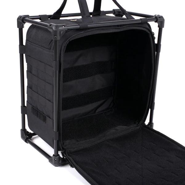 Black camping chair with storage compartment on a white background