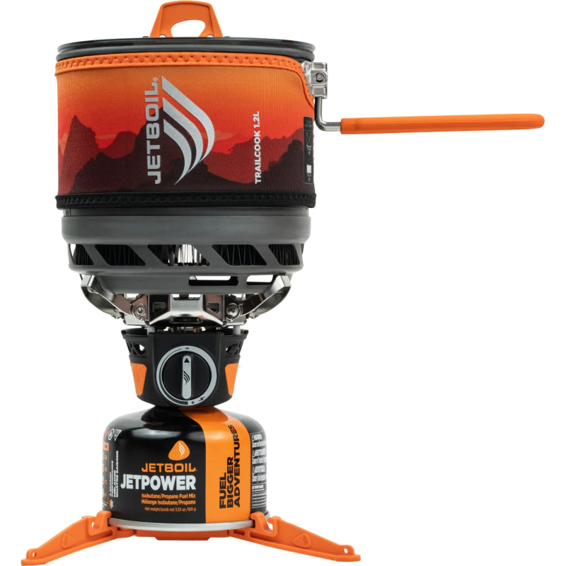 Jetboil camping stove with orange and black design on a white background