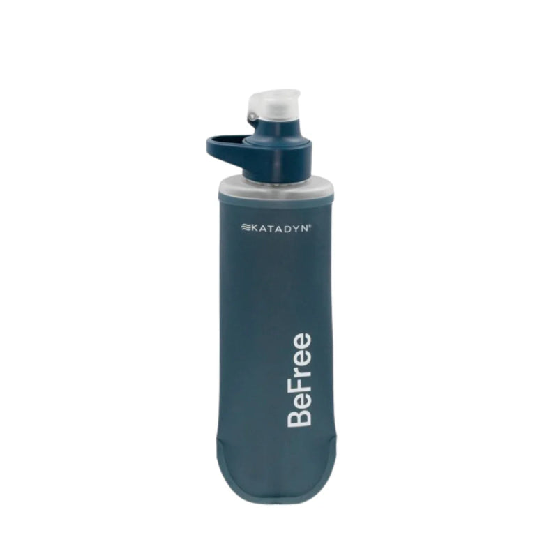 Blue katadyn filter with white text on a white background