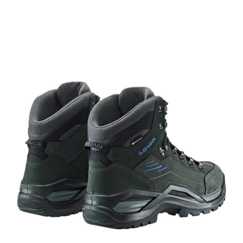 Pair of black hiking boots with visible brand name on a white background