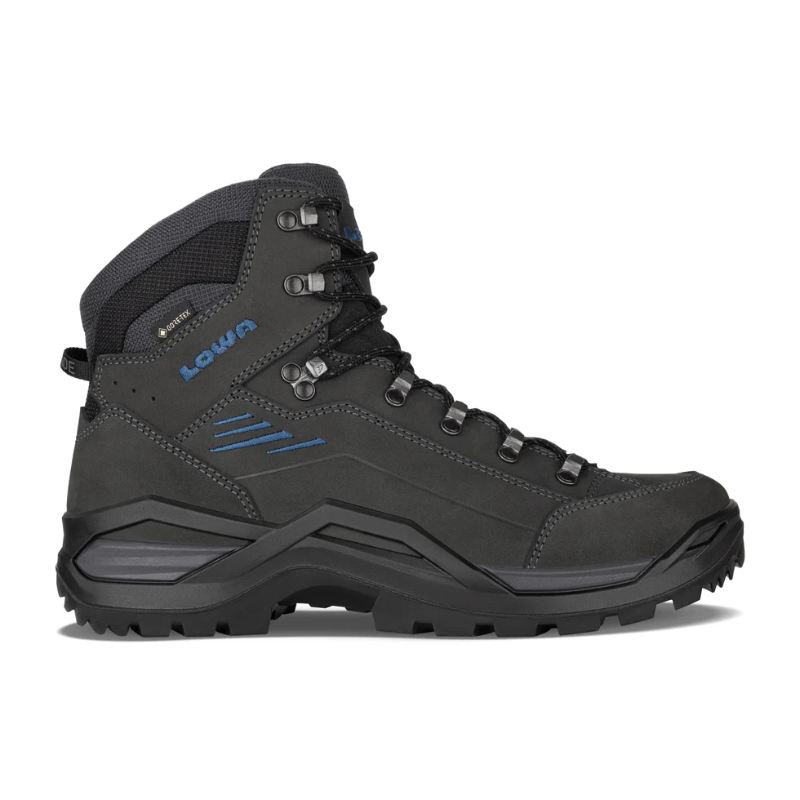 Black hiking boot with blue accents on a white background