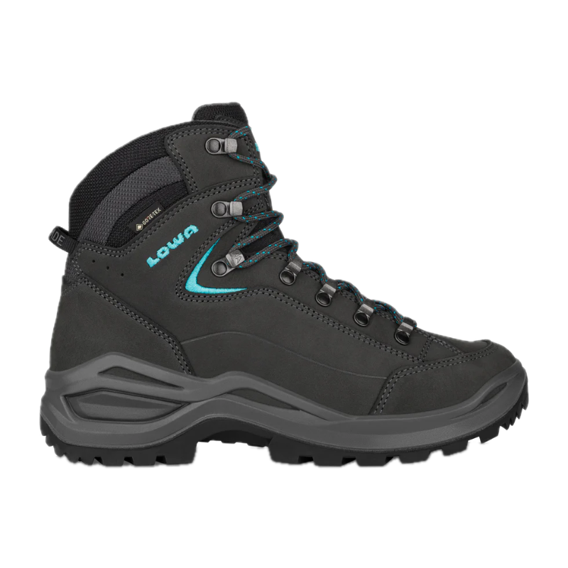 Black hiking boot with blue accents on a white background