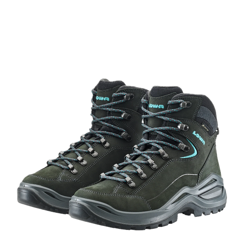Pair of black hiking boots with visible brand logo on a white background
