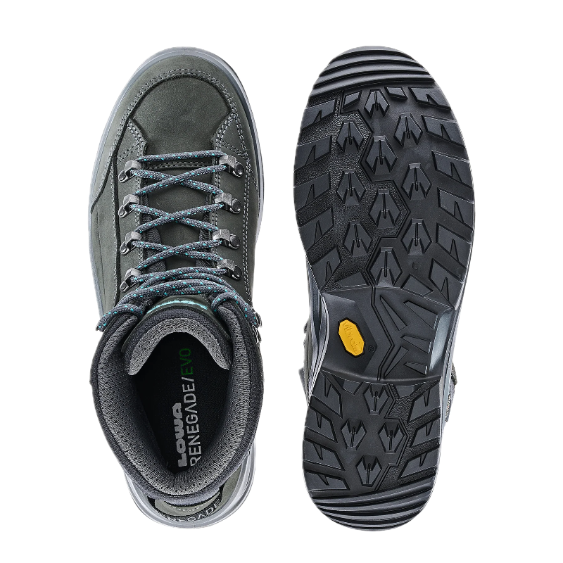 Gray hiking boot with a focus on sole texture and brand logo on a white background