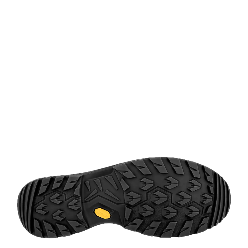 Close-up of a black shoe sole with tread pattern on a white background